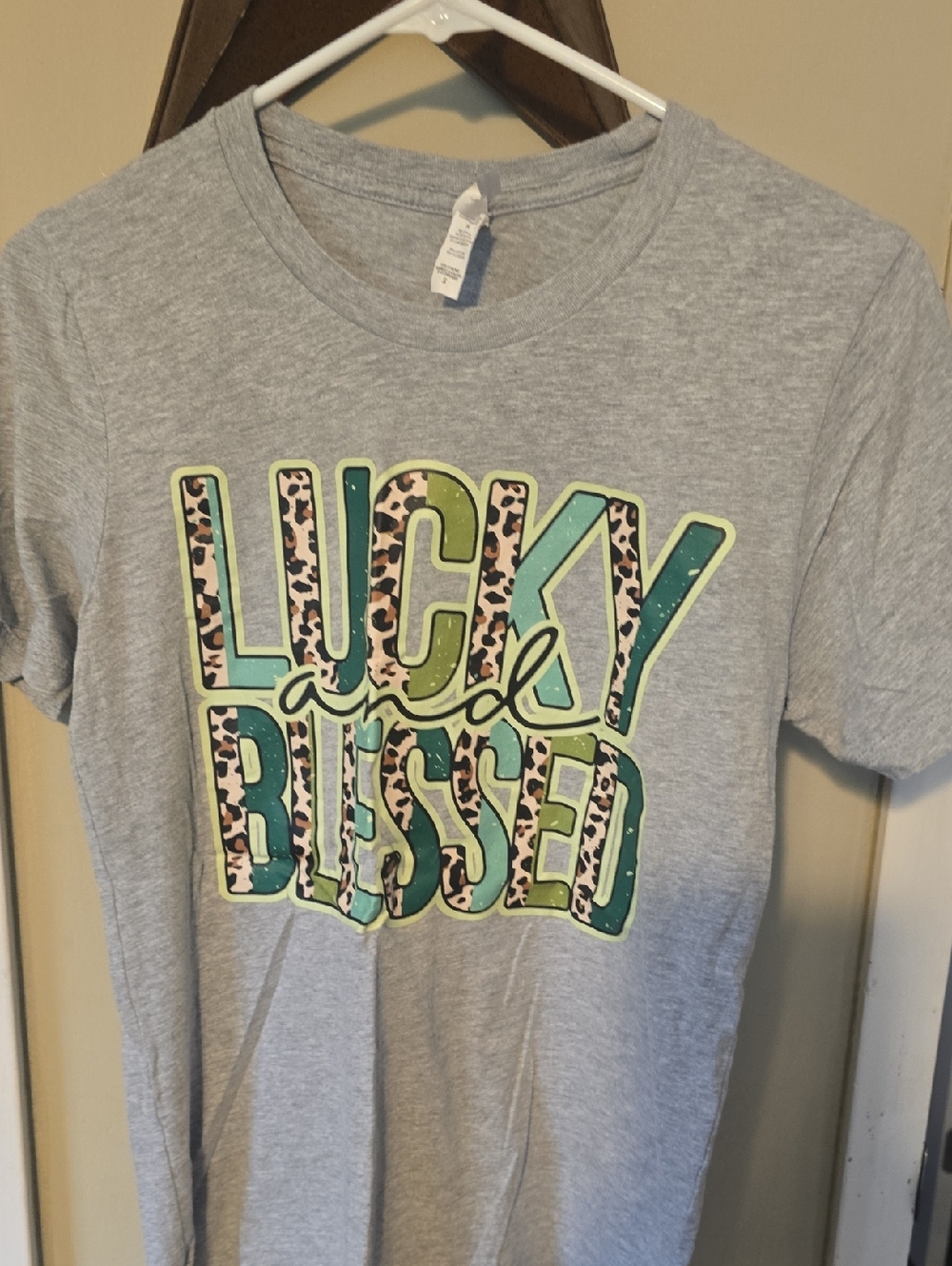 Lucky & Blessed Graphic Tee - Gray with Teal, Lime & Leopard Print New